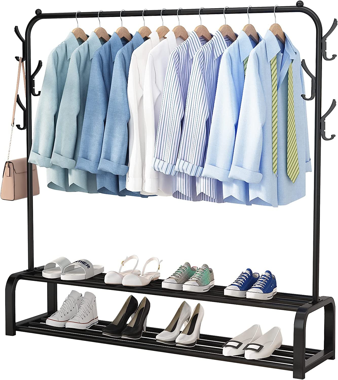 Clothes Rack,Clothing Rack for Hanging Clothes, Garment Rack with Two Lower Storage and 6 Hooks, Black