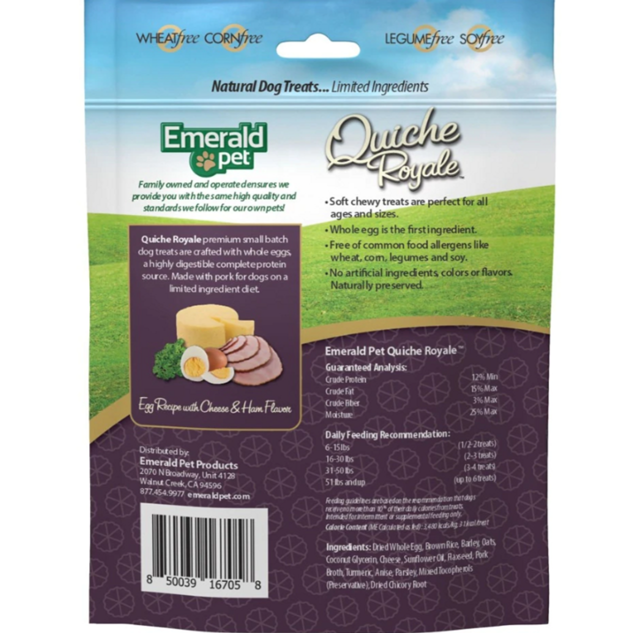 Emerald Pet Quiche Royale Chewy Egg， Ham and Cheese Dog Treats， 6oz