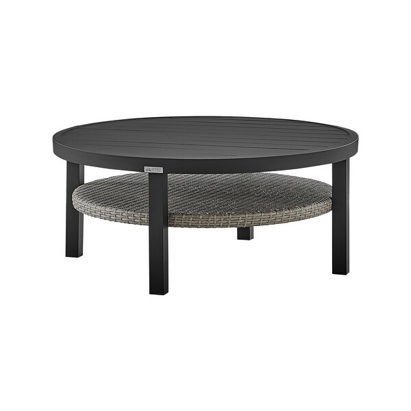 Aileen Grey Wicker Rattan and Black Aluminum Slat Top Round Outdoor Coffee Table