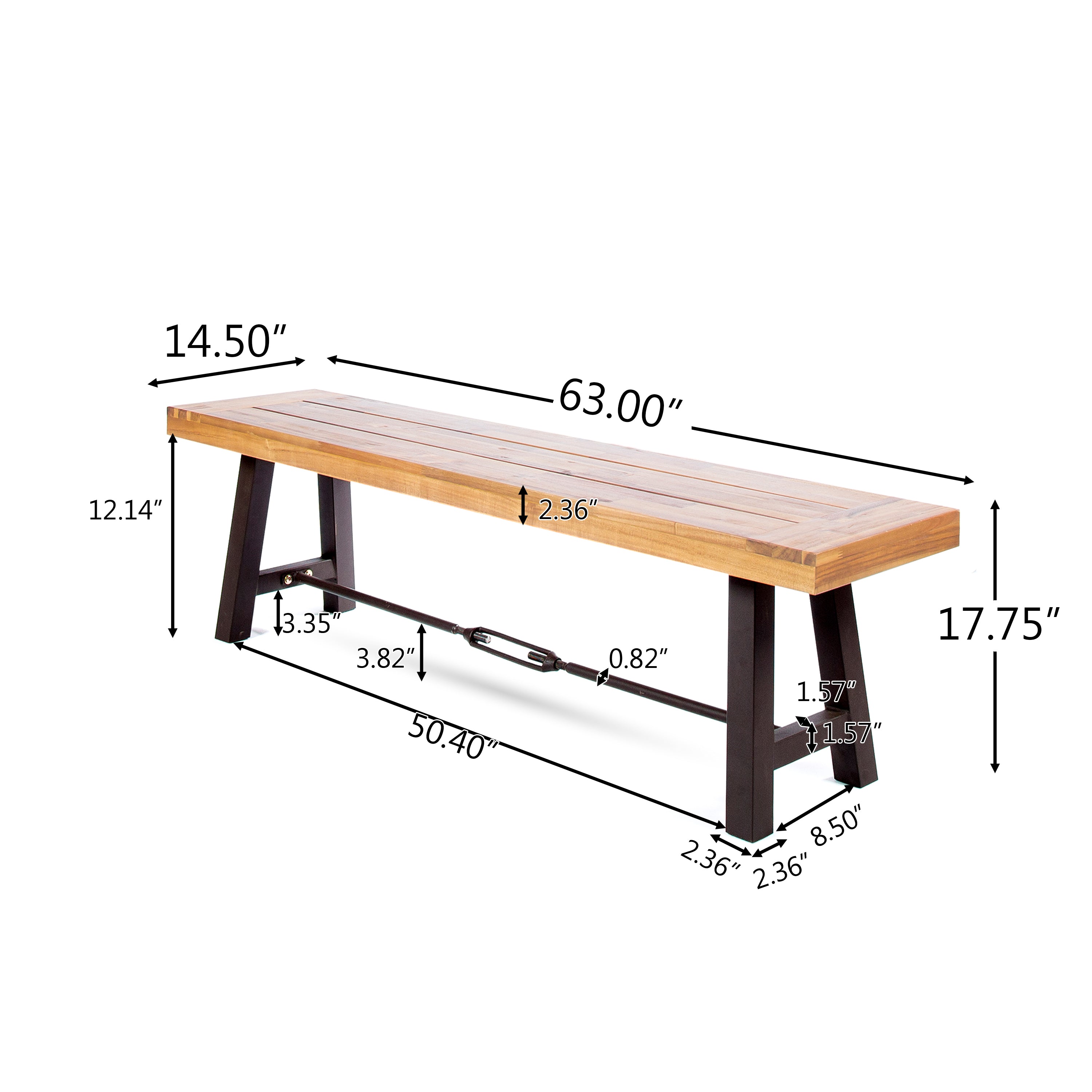 Rosario Outdoor Acacia Wood Dining Benches, Set of 2, Teak and Rustic Metal