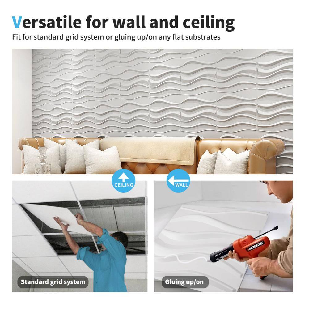 Art3dwallpanels 19.7 in. x 19.7 in. White PVC 3D Wall Panel for Interior Wall Decor Wavy Textured Tile (32 sq.ftbox) A10hd531