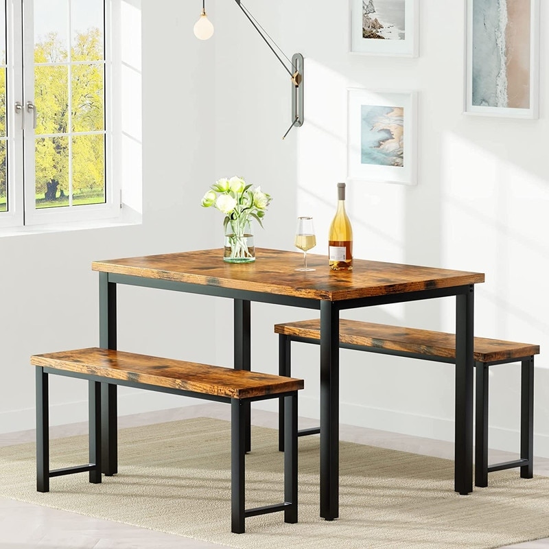 Industrial 3 Piece Dining Table Set  Retro Wood Kitchen Table Set with 2 Benches for Home Kitchen  Dining Room  Restaurant