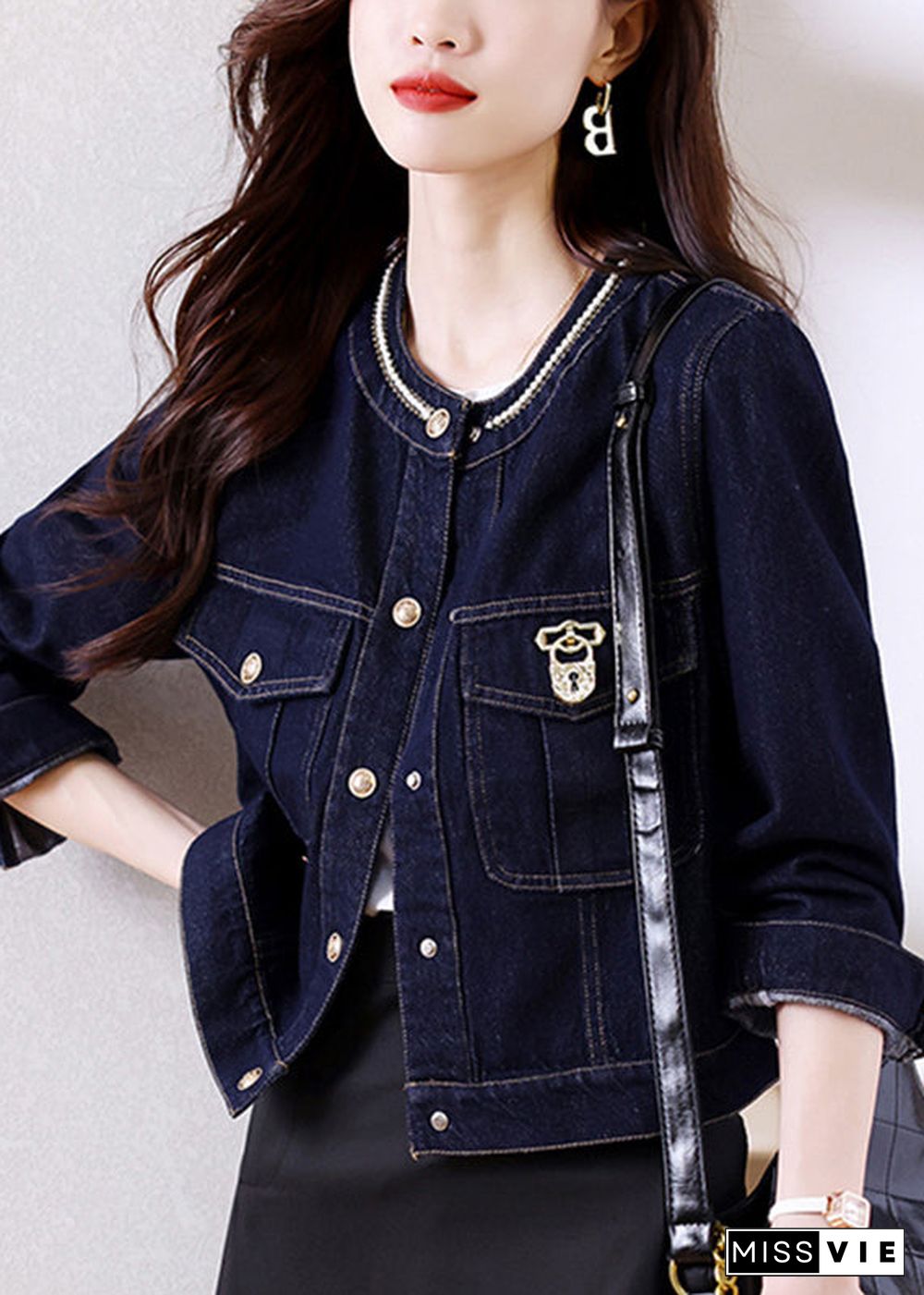 Novelty Dark Blue Patchwork Button Denim Coats Fall