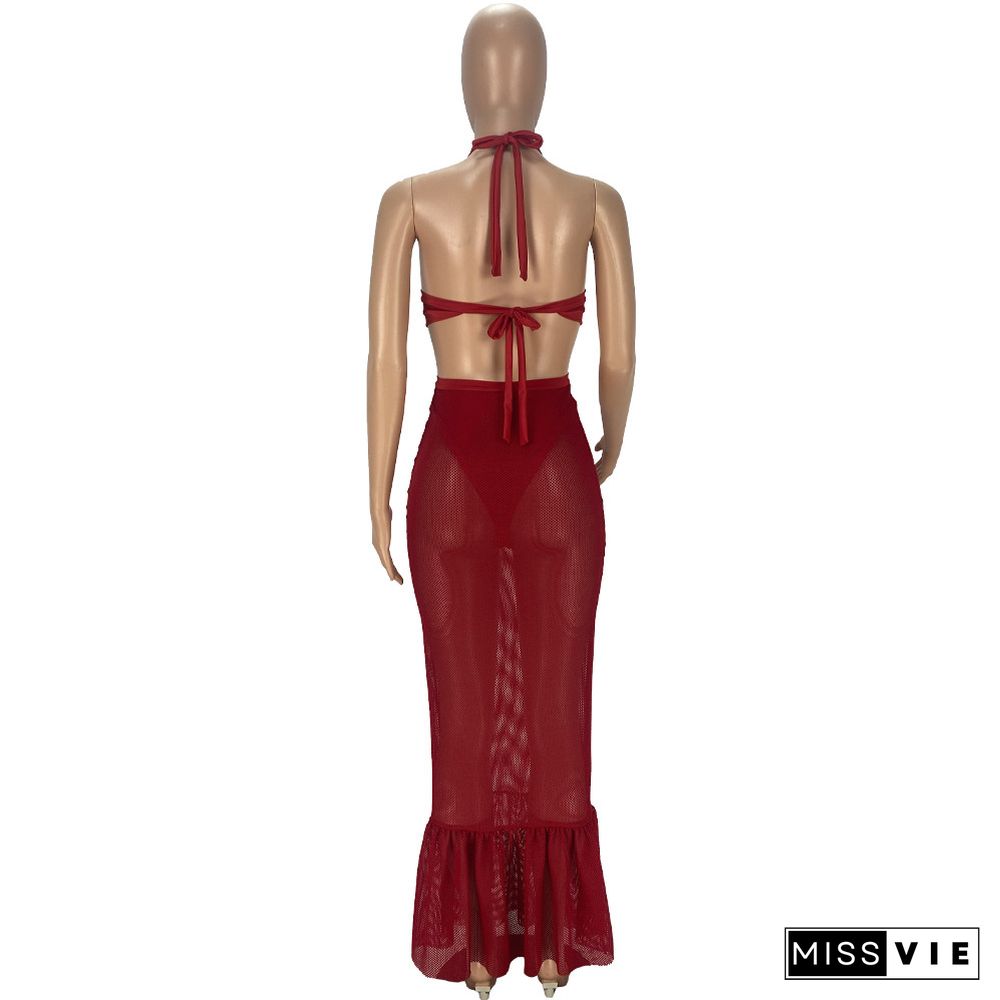 Mesh See Though Hollow Halter Backless Maxi Dresses