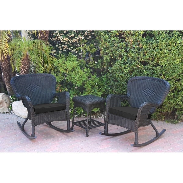 Windsor Black Wicker Rocker Chair and End Table Set with Chair Cushion - Overstock - 22898183