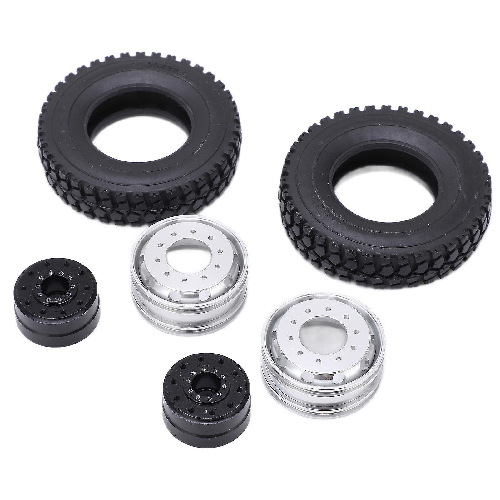 2pcs Metal Front Wheel Hub With Rubber Tires For Tamiya 1/14 Rc Trailer Tractor Truck Carblack