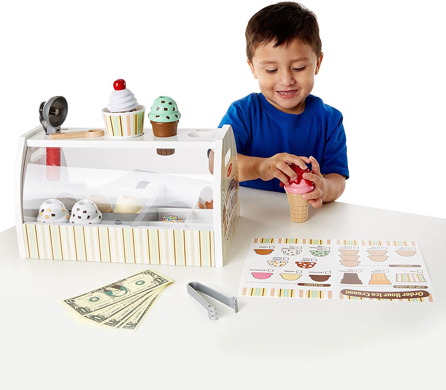 Melissa and Doug Wooden Scoop and Serve Ice Cream Counter (28 pcs) - Play Food and Accessories - Pretend Food， Ice Cream Toys， Ice Cream Shop Toys For Kids Ages 3+