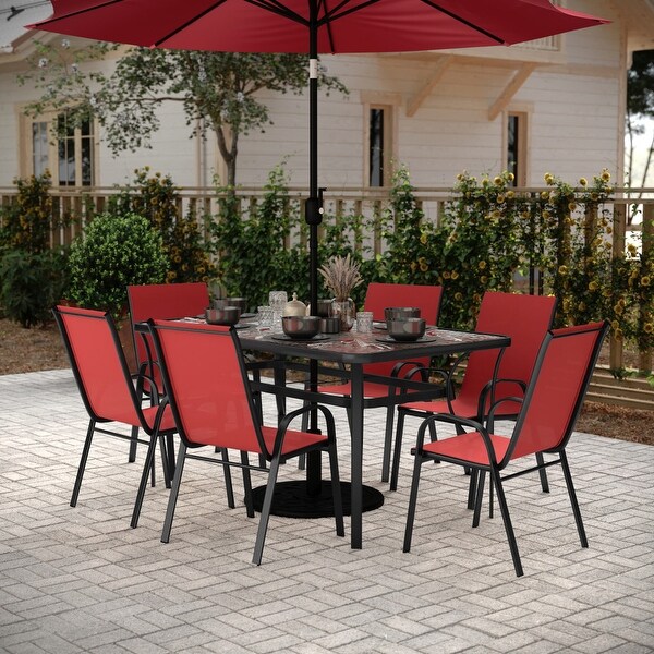 Commercial 7 Pc Outdoor Patio Dining Set with Glass Table and 6 Chairs