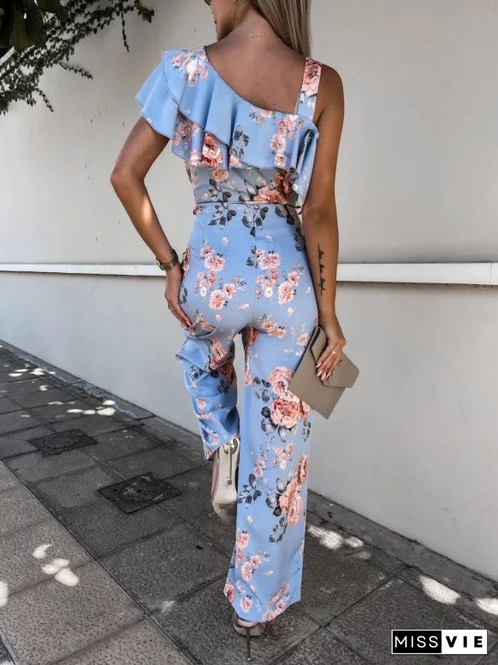 Women'S Jumpsuits Printed Suspender Belted Sloping Shoulder Jumpsuit