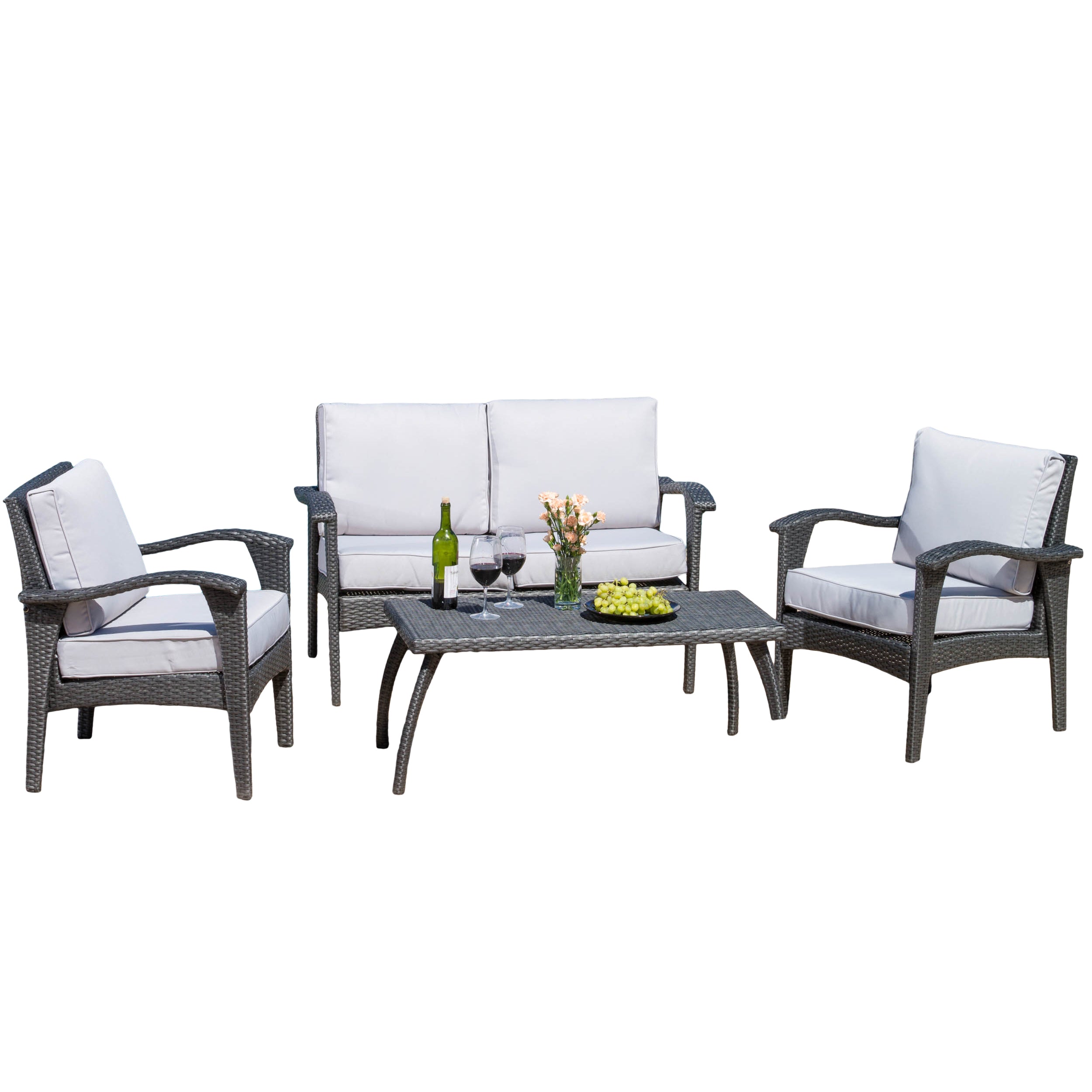 Voyage Outdoor 4 Piece Gray Wicker Chat Set with Cushions