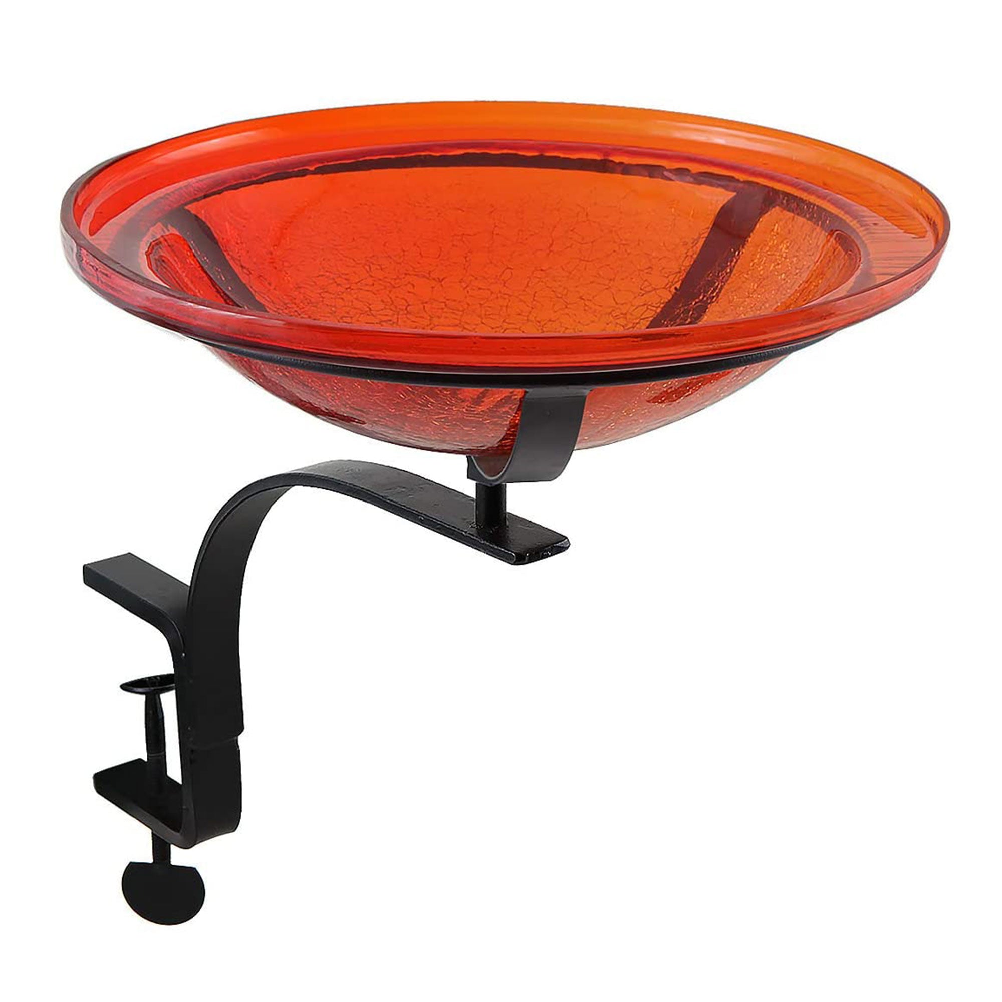 Crackle Glass Bowl Birdbath Decoration with Rail Mount, Tomato Red (Open Box)