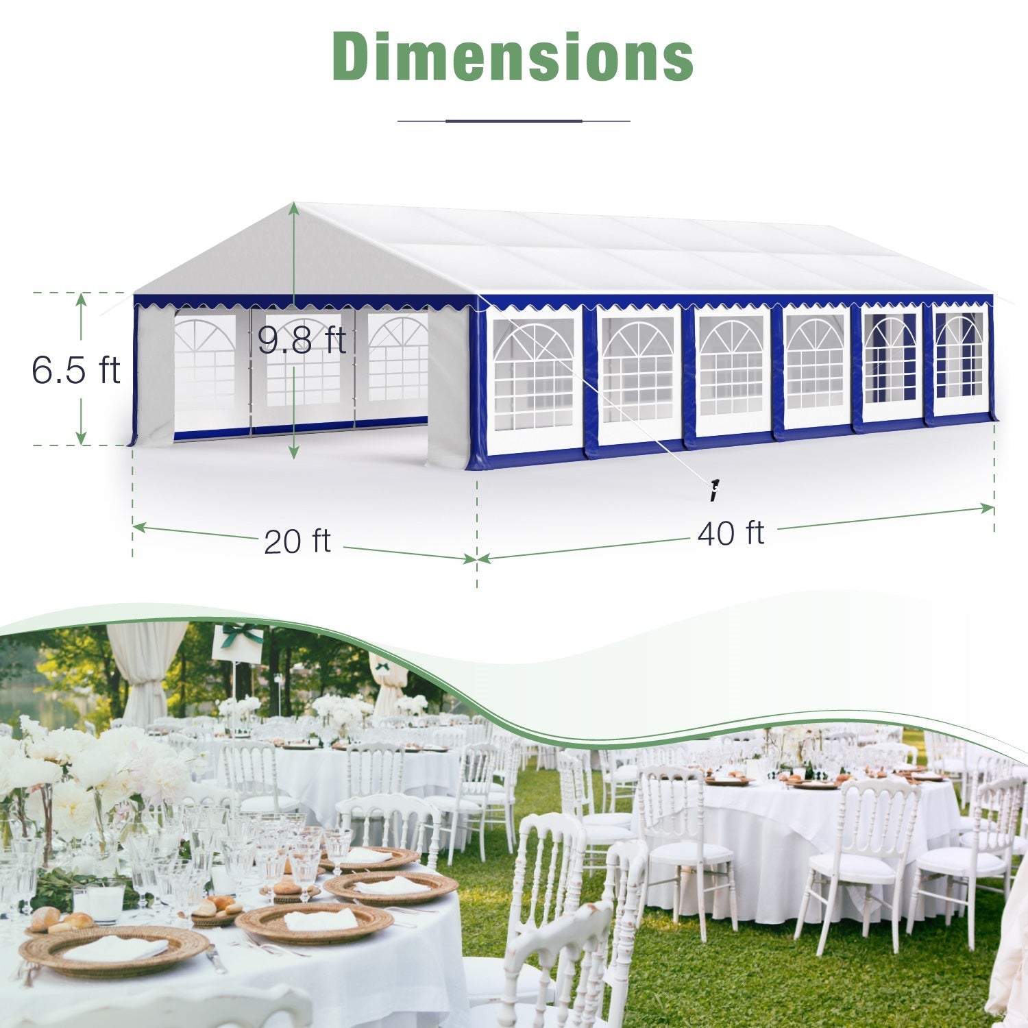 MF Studio 20'X40' Party Tent Outdoor Patio Event Shelter Canopy with 12 Removable Sidewalls, White and Blue