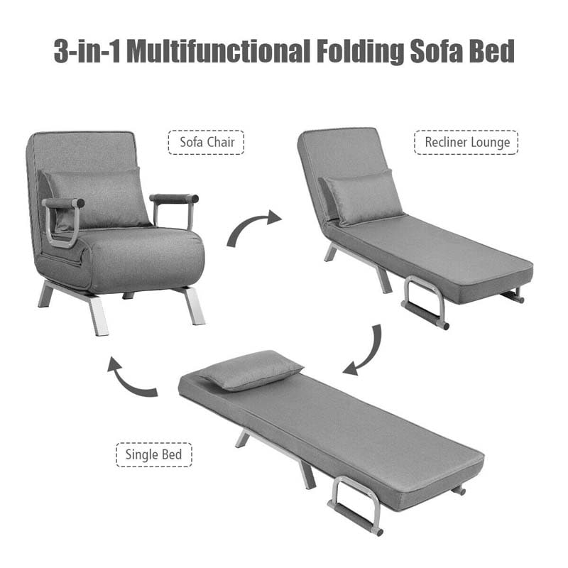 Folding Convertible Sofa Bed Sleeper Chair w/Pillow, 5-Position Armchair Chaise Lounge Couch