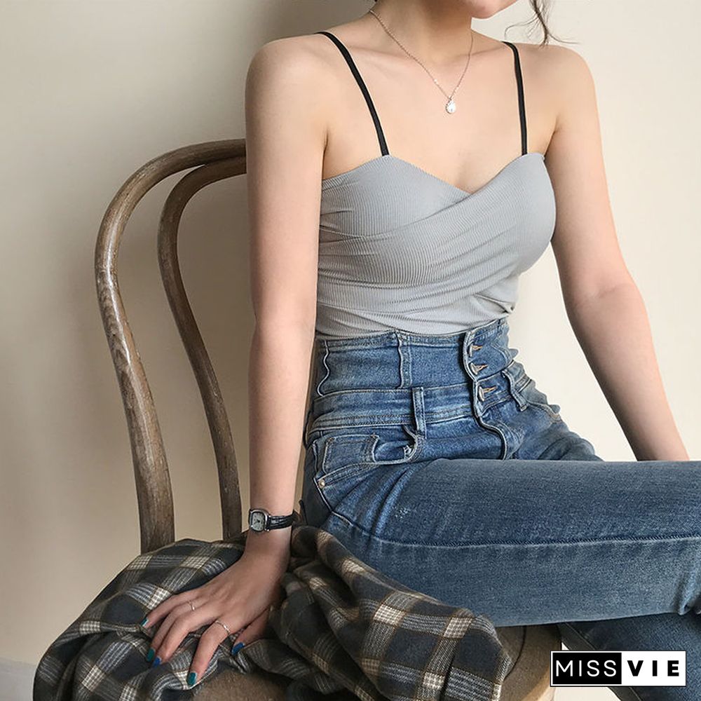 Camis Women Spaghetti Strap Adjusted Knitting Sexy Slender Crop Top Solid Color Korean Style Camisoles Fashion Chic Stylish New