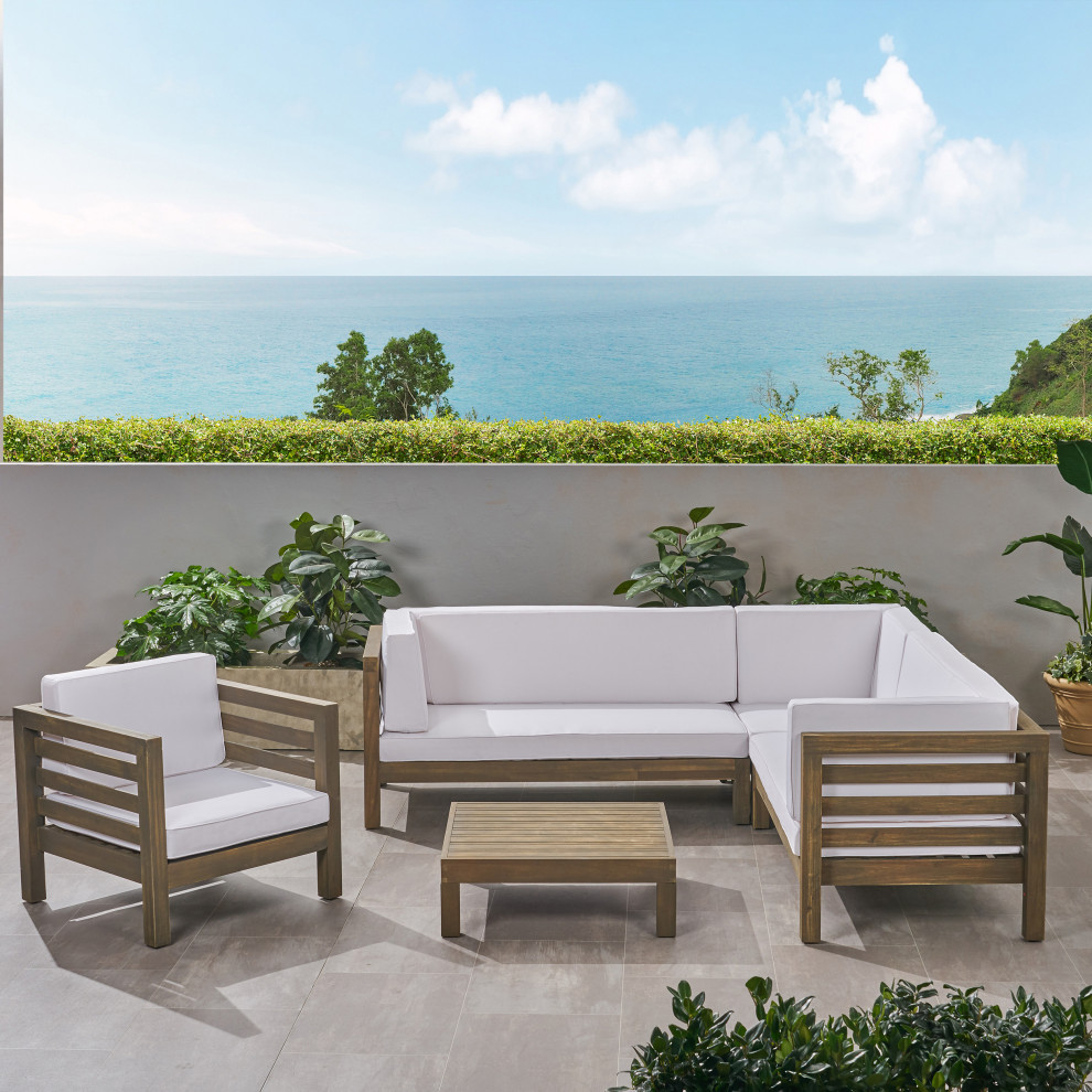 Emma Outdoor 6 Seater Acacia Wood Sectional Sofa and Club Chair Set   Transitional   Outdoor Lounge Sets   by GDFStudio  Houzz