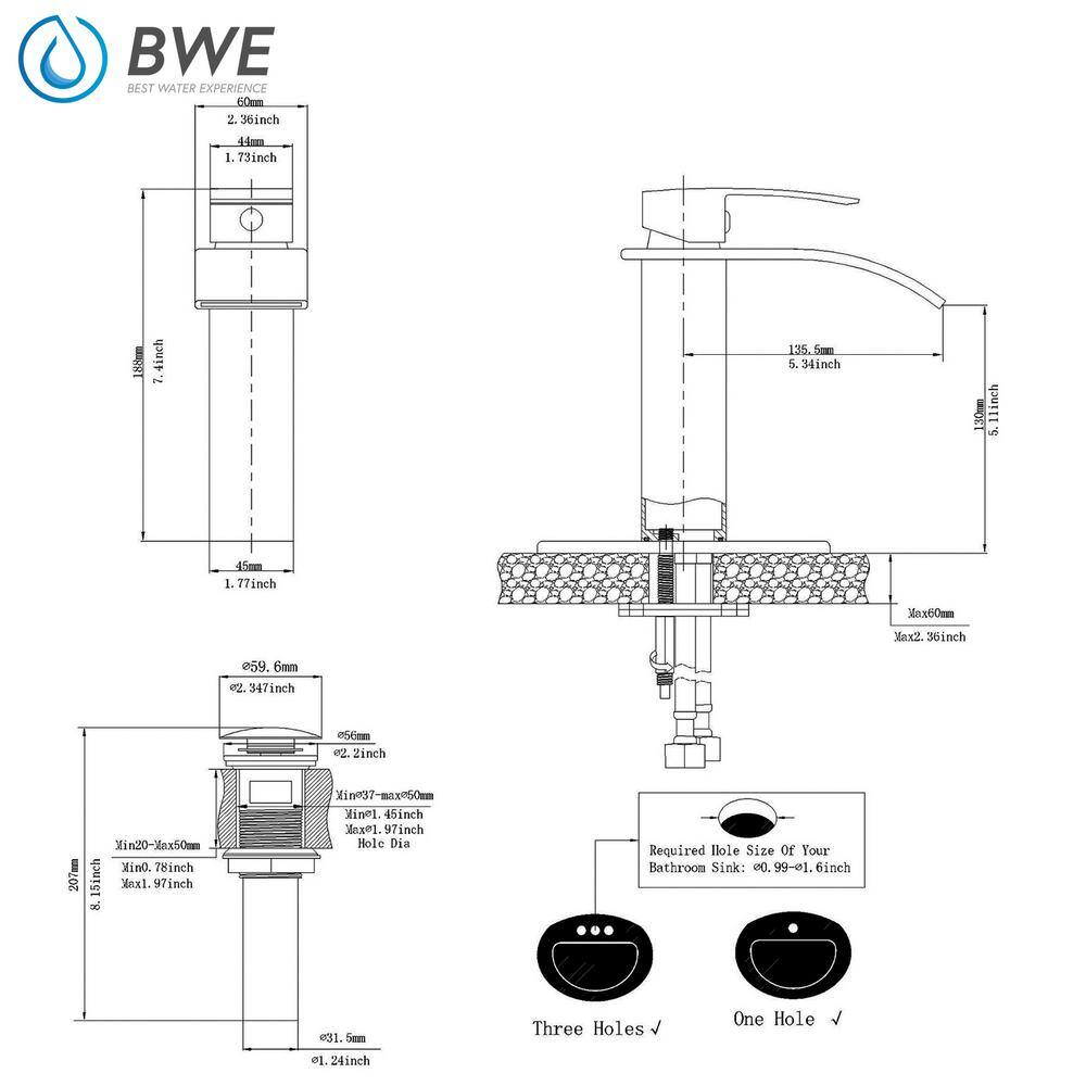 BWE Waterfall Single Hole Single-Handle Low-Arc Bathroom Faucet With Pop-up Drain Assembly in Brushed Nickel A-96021-N-2