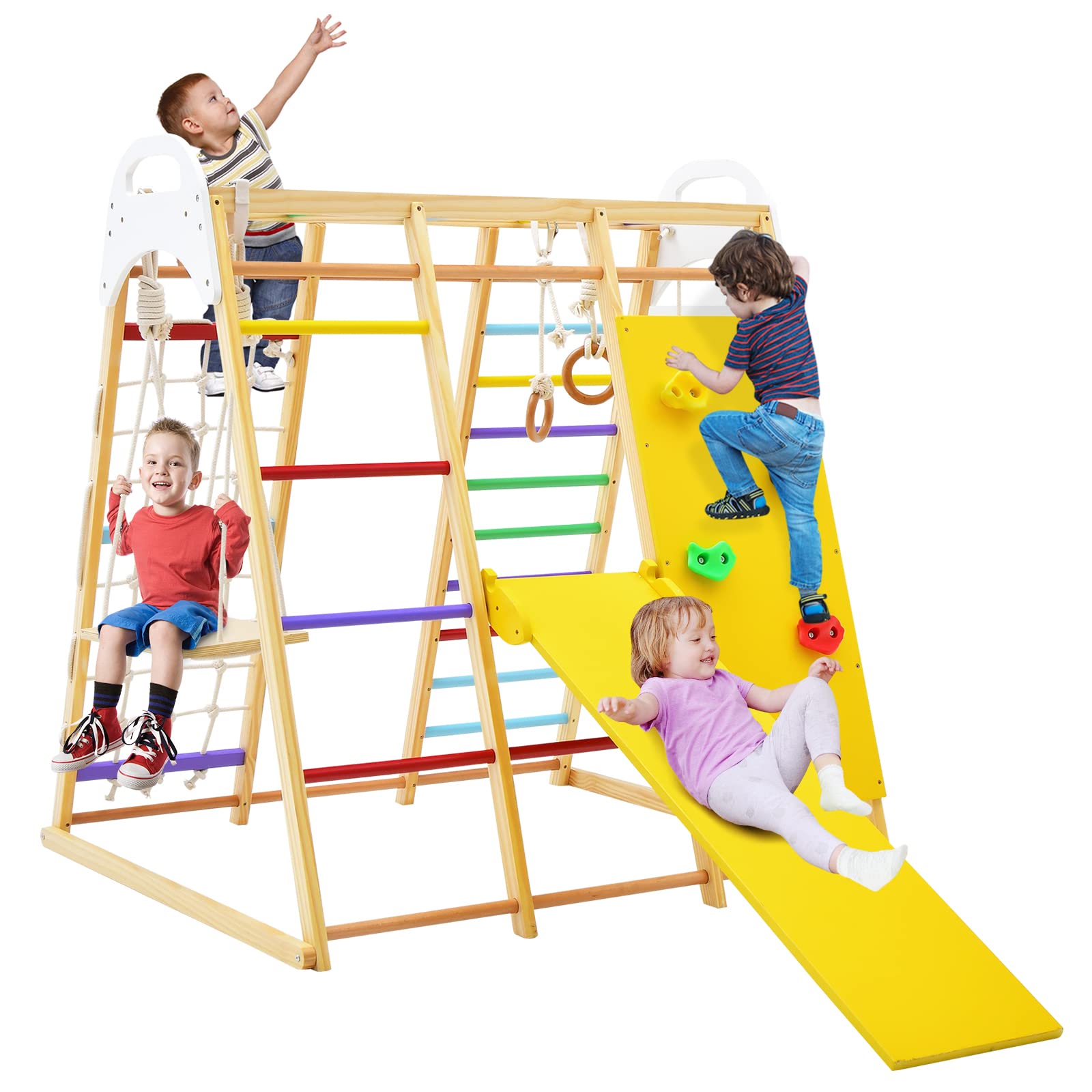 Costzon 8-in-1 Climbing Toys for Toddlers, Kids Indoor Playground Jungle Gym with Slide, Climbing Rock/Net