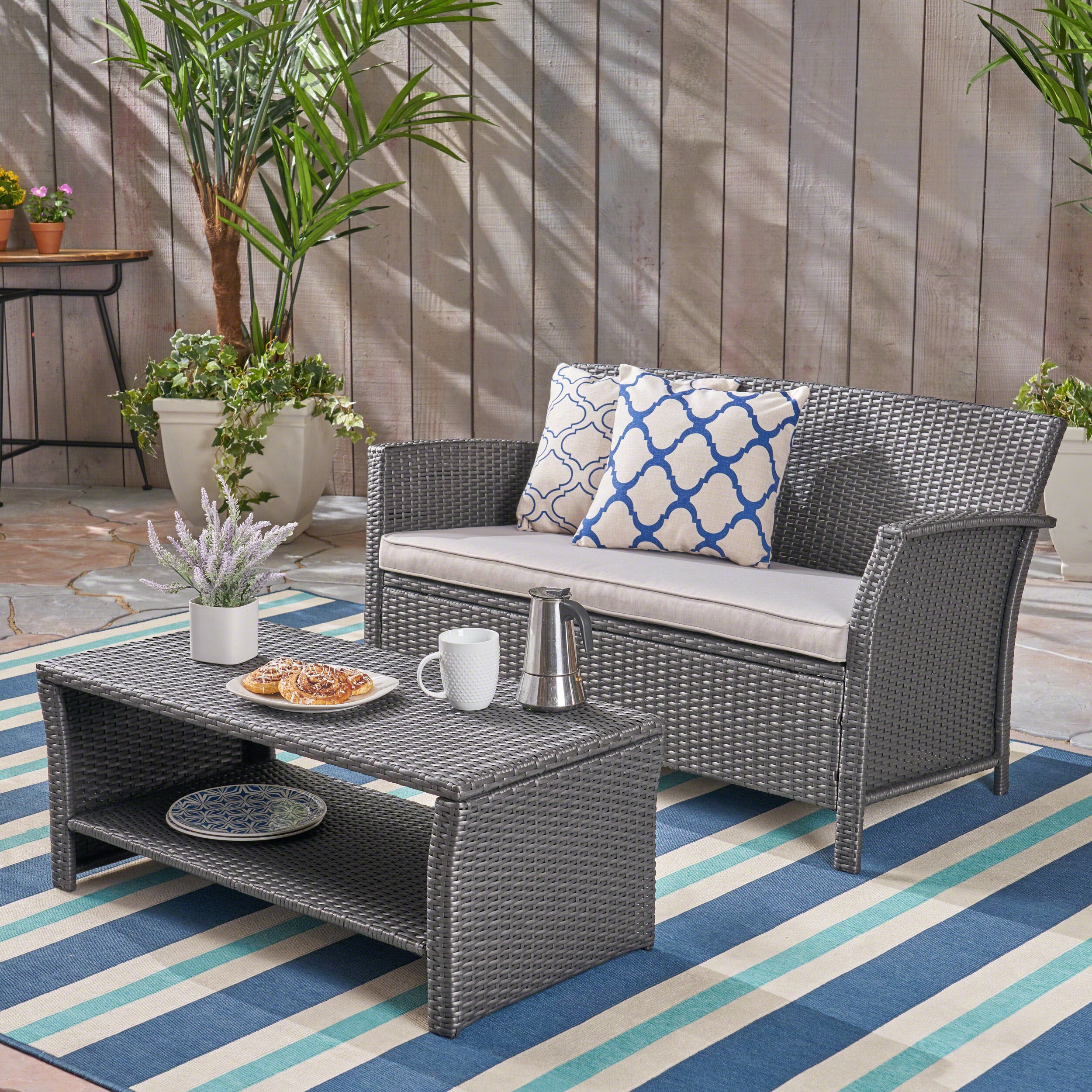 Lucia Outdoor Wicker Loveseat with Coffee Table