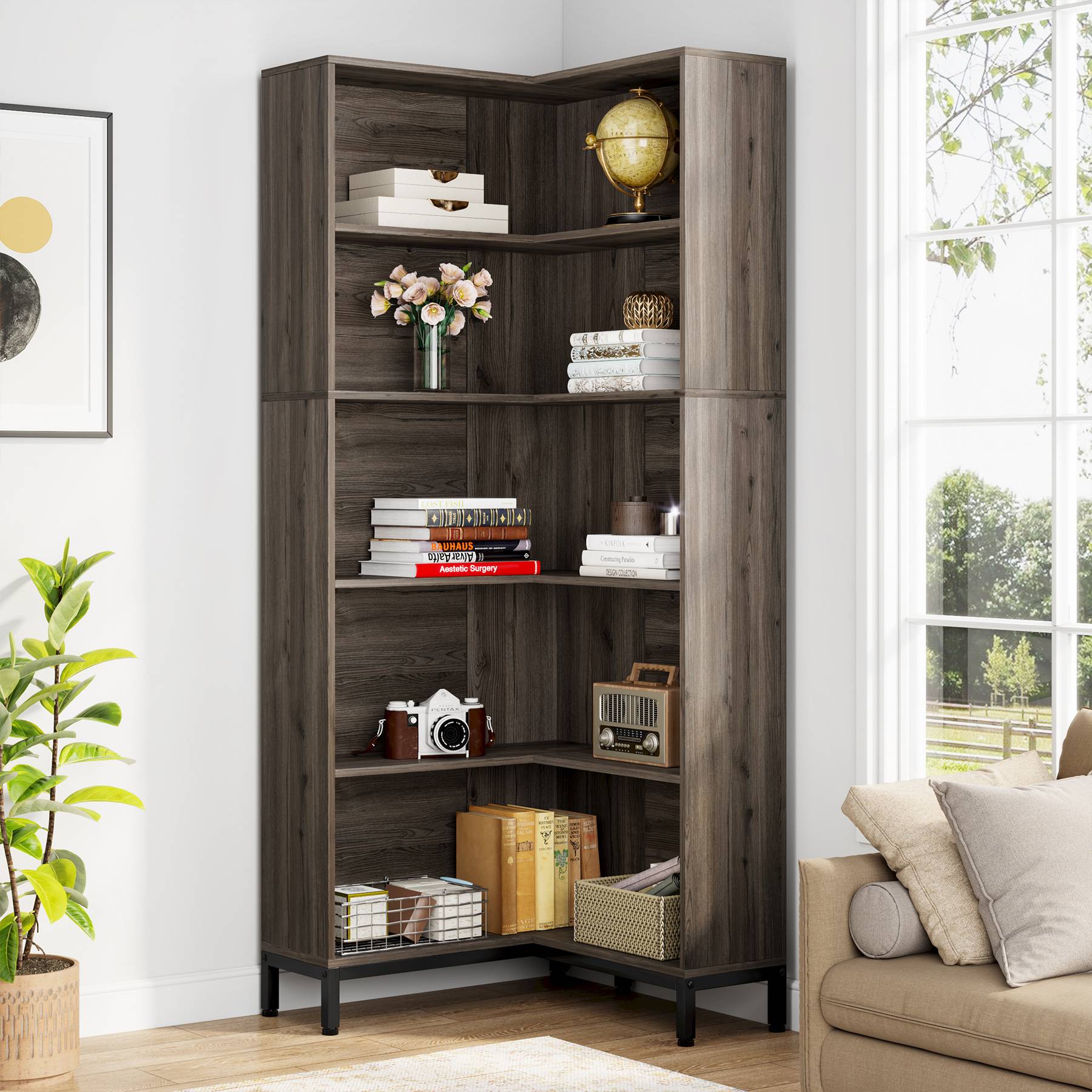 6-Tier Corner Bookcase, 71 inch L-Shaped Etagere Bookshelf