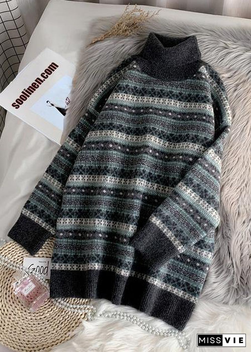 Pullover high neck gray knit sweat tops plus size striped sweater tops