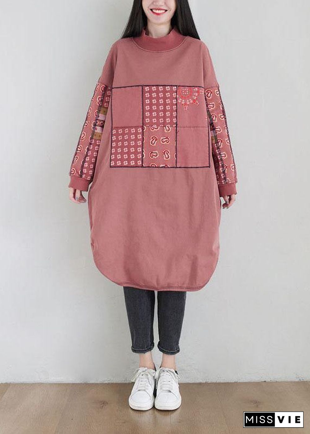 New Pink Patchwork Side Open Fall Dress Sweatshirts