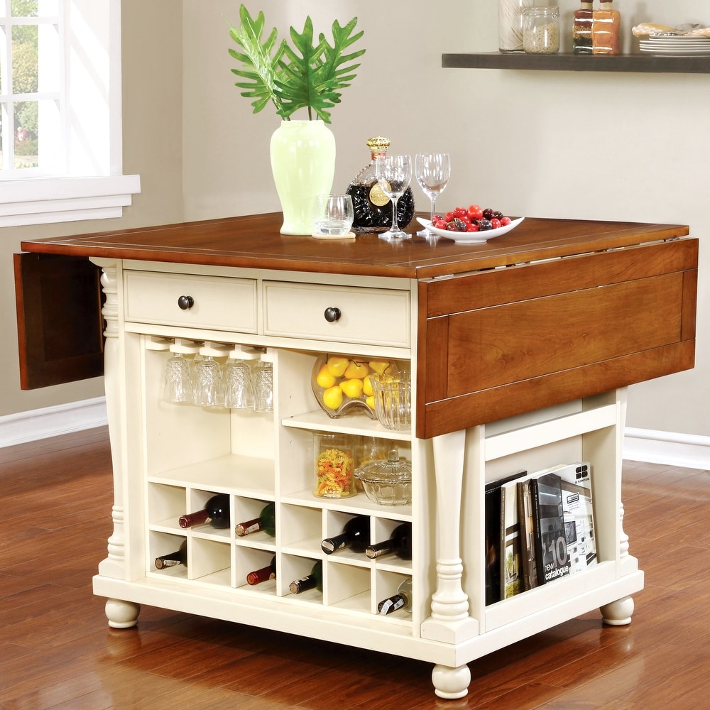 Two Tone Storage Kitchen Counter Island with Drop Down Extension Leaves