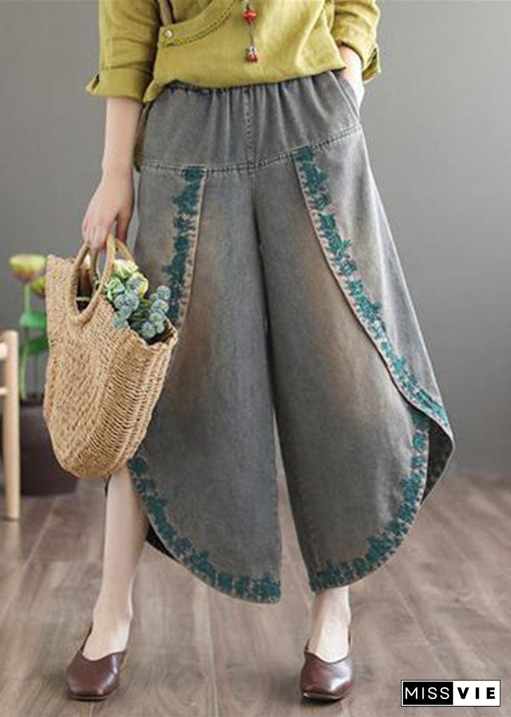 French Blue Pockets Embroideried Fall Denim Wide Leg Pants