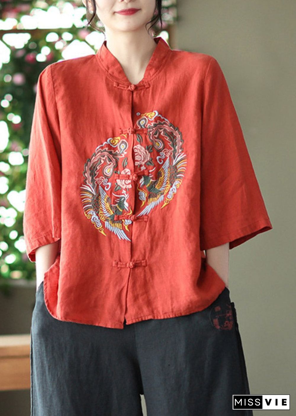 DIY Red Stand Collar Embroideried Linen Shirts Long Sleeve