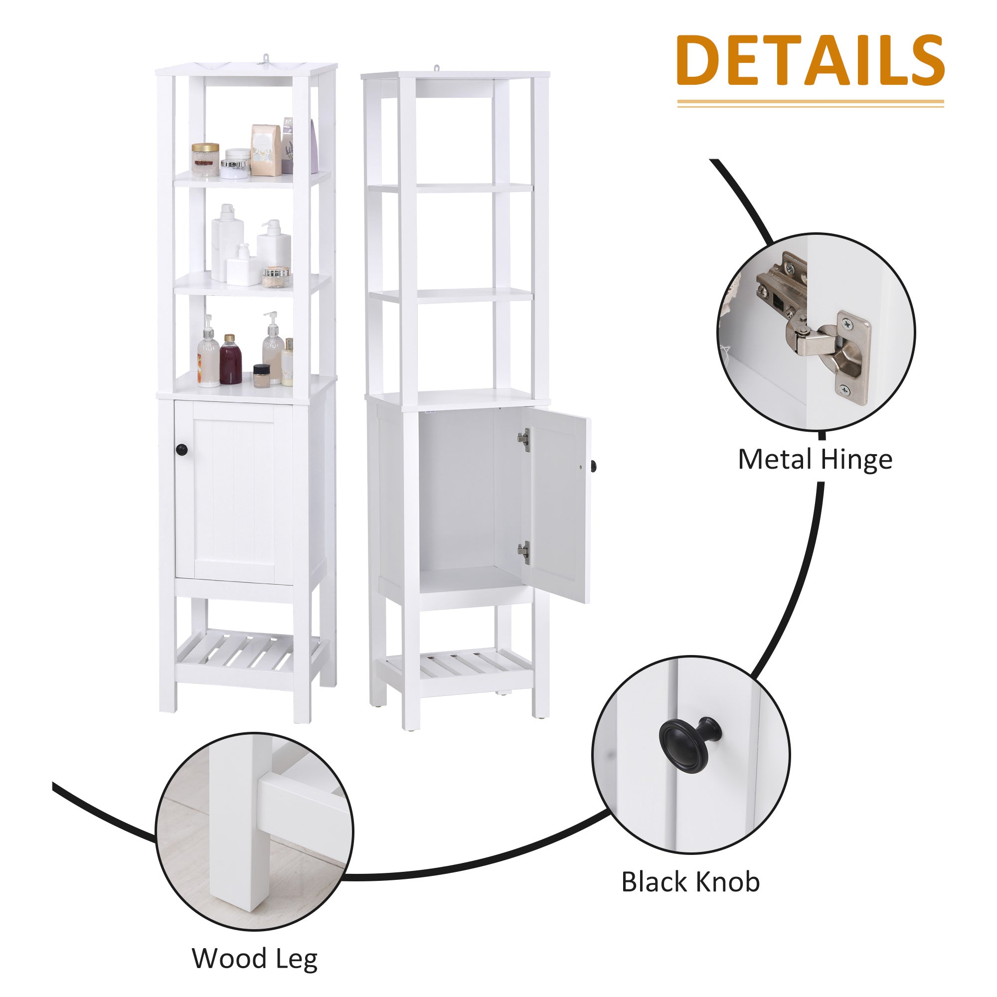 HomCom Freestanding Wood Bathroom Storage Tall Cabinet Organizer Tower with Shelves & Compact Design, White