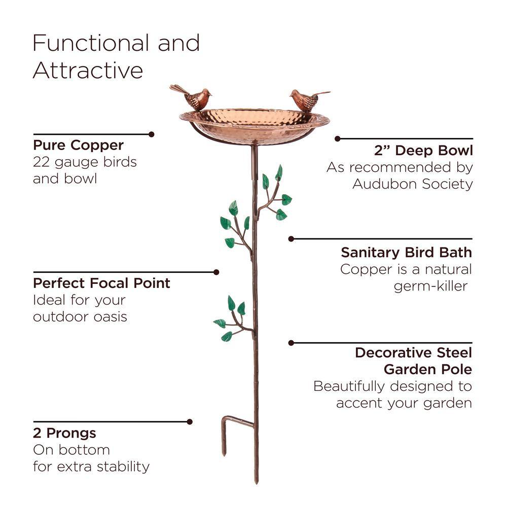 Good Directions Pure Copper Birdbath， Featuring Two Copper Birds and a Tree Themed Multi-Pronged Garden Pole BBG-2