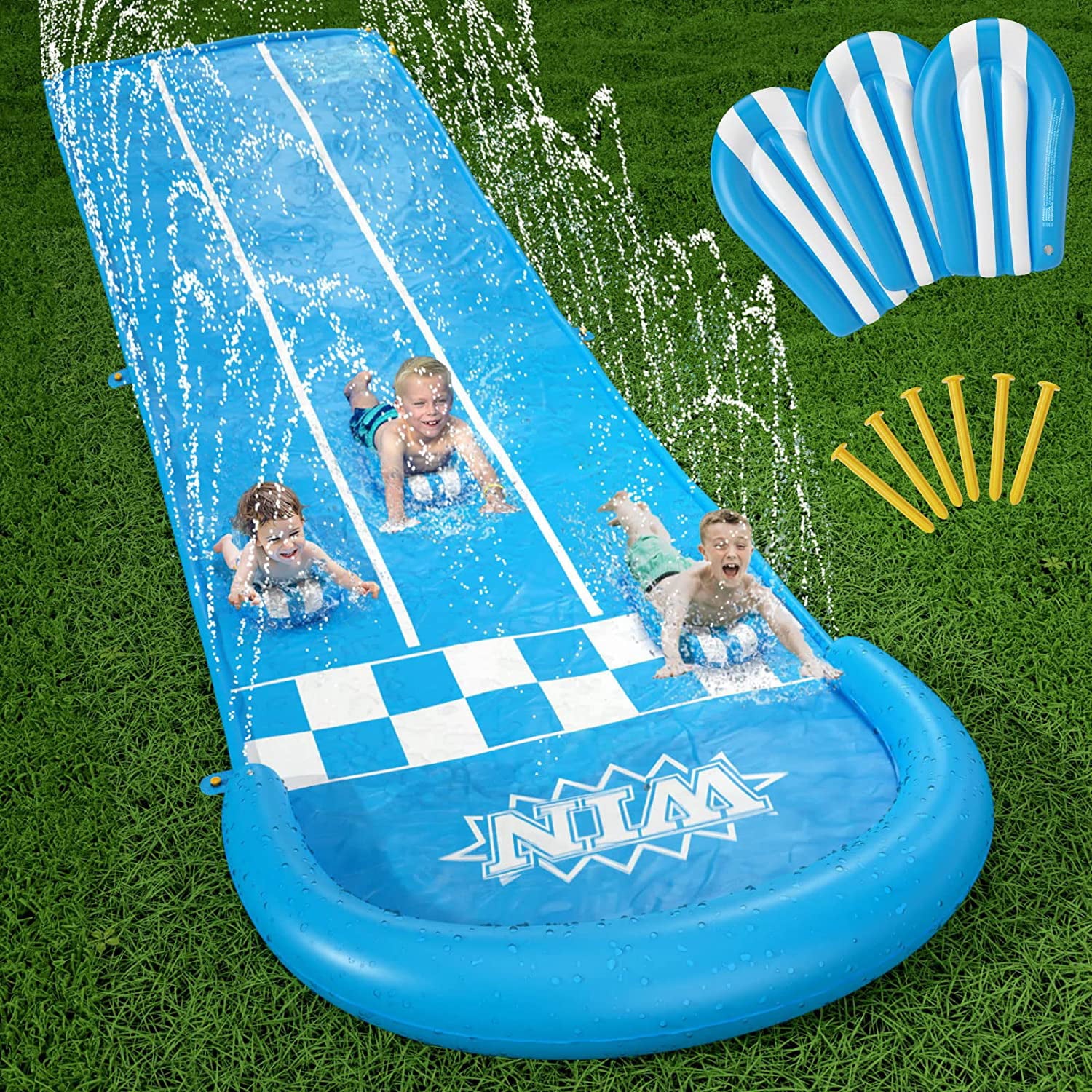 Lavinya Slip and Slide Outdoor Toy - Water Slide Slip n Slide for Children 20ft Extra Long with Sprinkler 3 Bodyboards With Double racing lanes Lawn Games Outdoor Splash Water Toys Fun Play