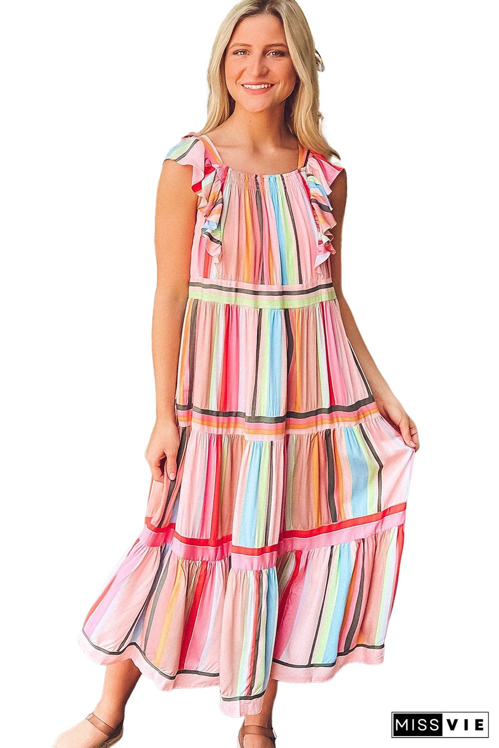 Pink Rainbow Stripe Ruffles Ruched Tiered Dress