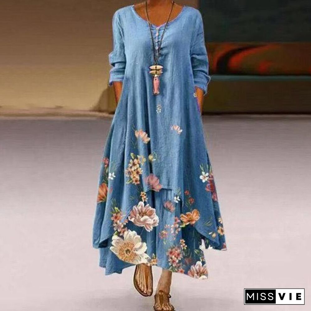 Women Summer Floral Printed Dress Spring Autumn Casual Loose Irregular V-Neck Long Sleeve Dress Elegant Party Big Hem Maxi Dress