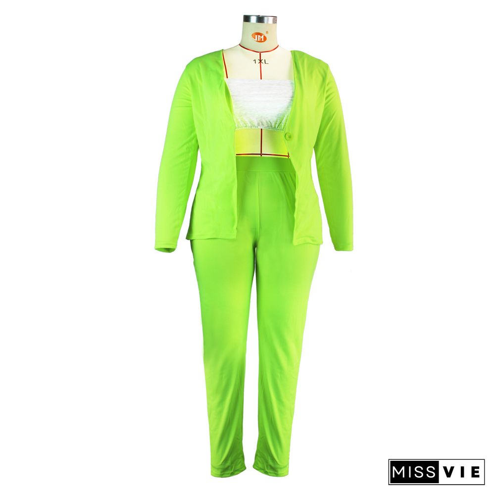 Fluorescent Green Jacket Pencil Pants Plus Size Sets