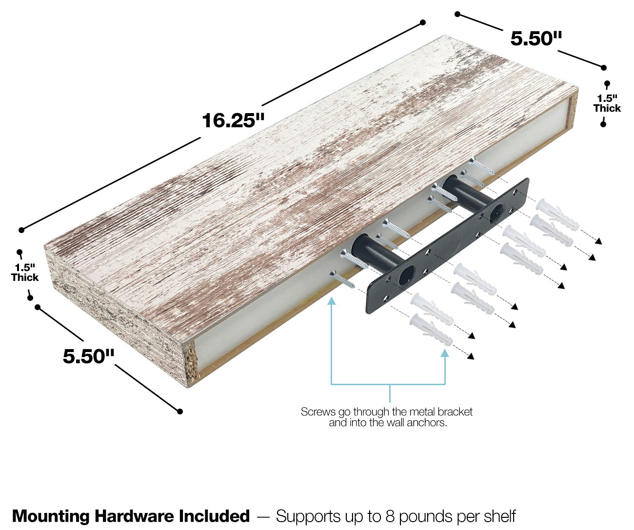 Sorbus 3 Decorative Wooden Floating Shelves, Farmhouse Hanging Wall Shelf Décor - 16 inches - 3 Pack (Rustic Wood, White)