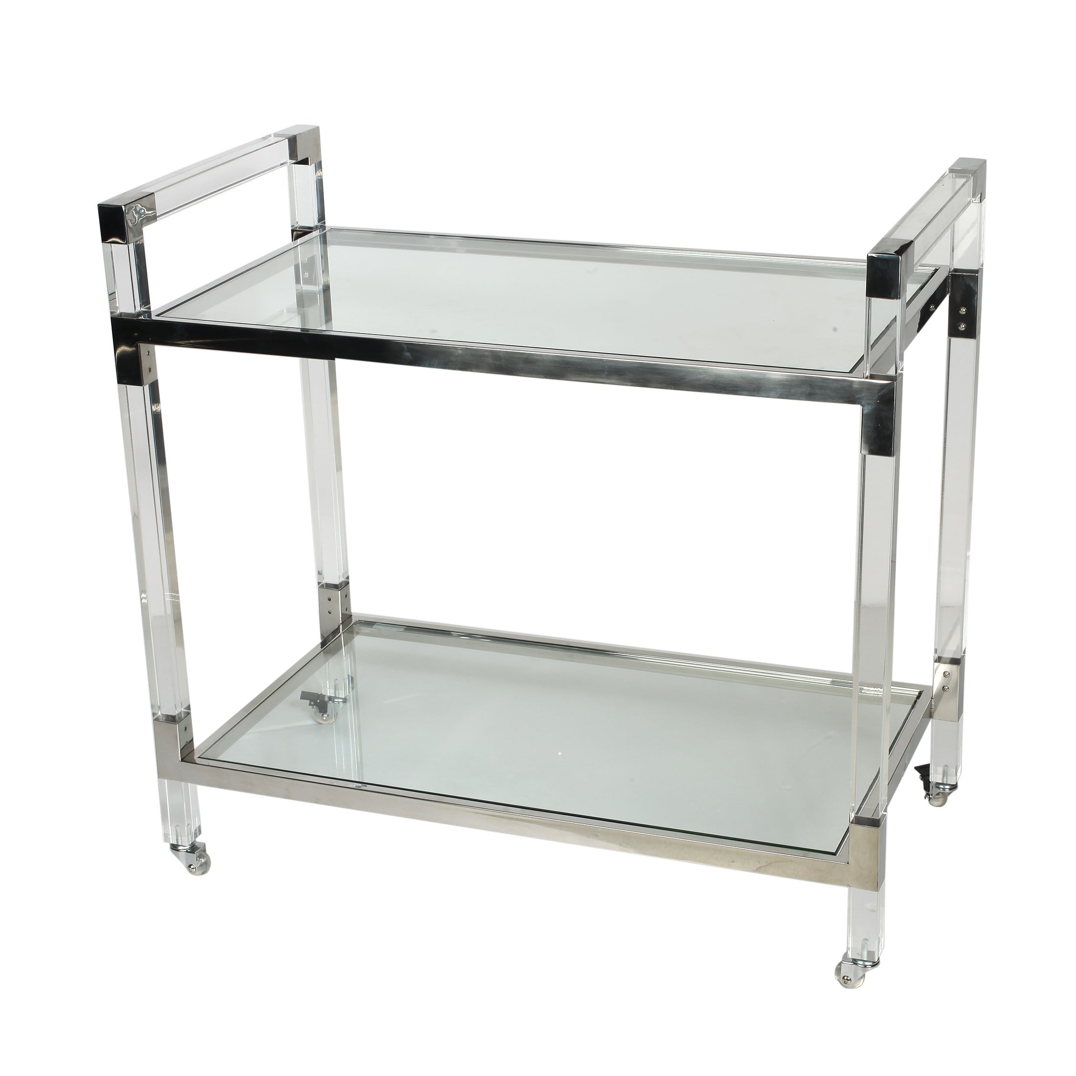 36 Inch 2 Tier Bar Cart， Acrylic and Steel Frame， Glass and Chrome Finish