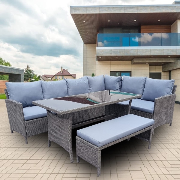 4 Piece Outdoor Patio Rattan Corner Sofa Set，9 Seater PE Rattan Wicker Dining Table Set with Tempered Glass Table