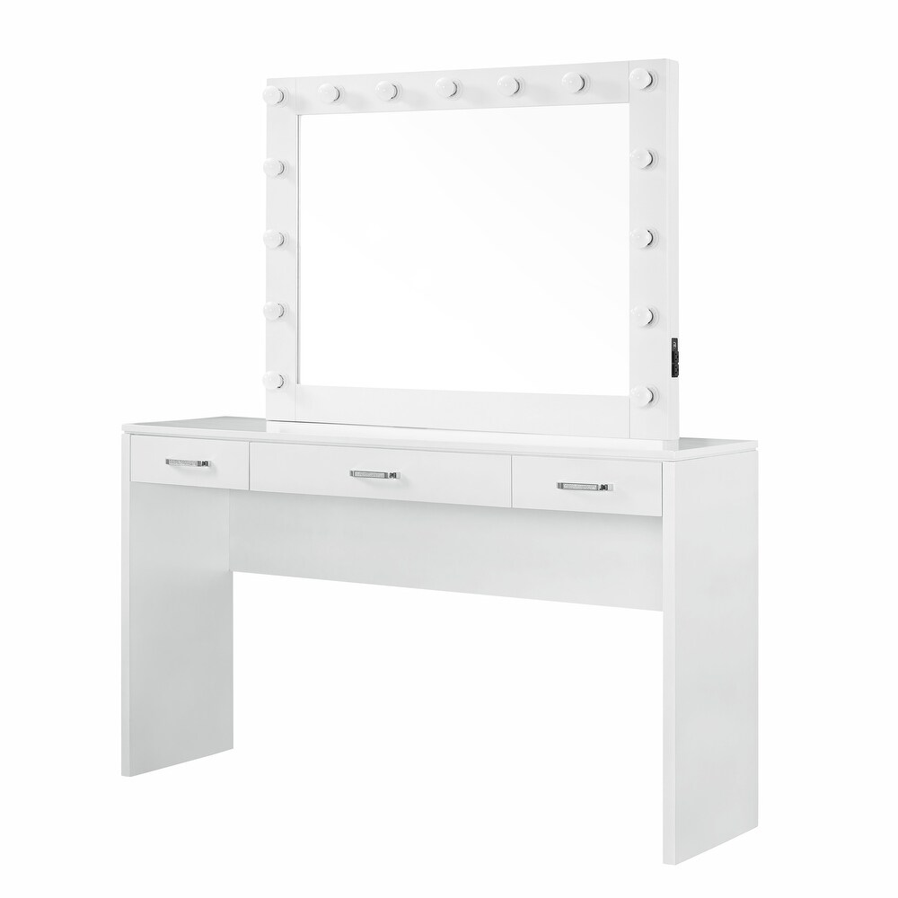 Roseanne Glam Luminous White 3 Drawer Wooden Vanity Set with USBs by Furniture of America