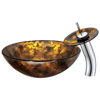 ANZZI Toa Deco-Glass Vessel Sink in Kindled Amber with Matching Chrome Waterfall Faucet LS-AZ8102