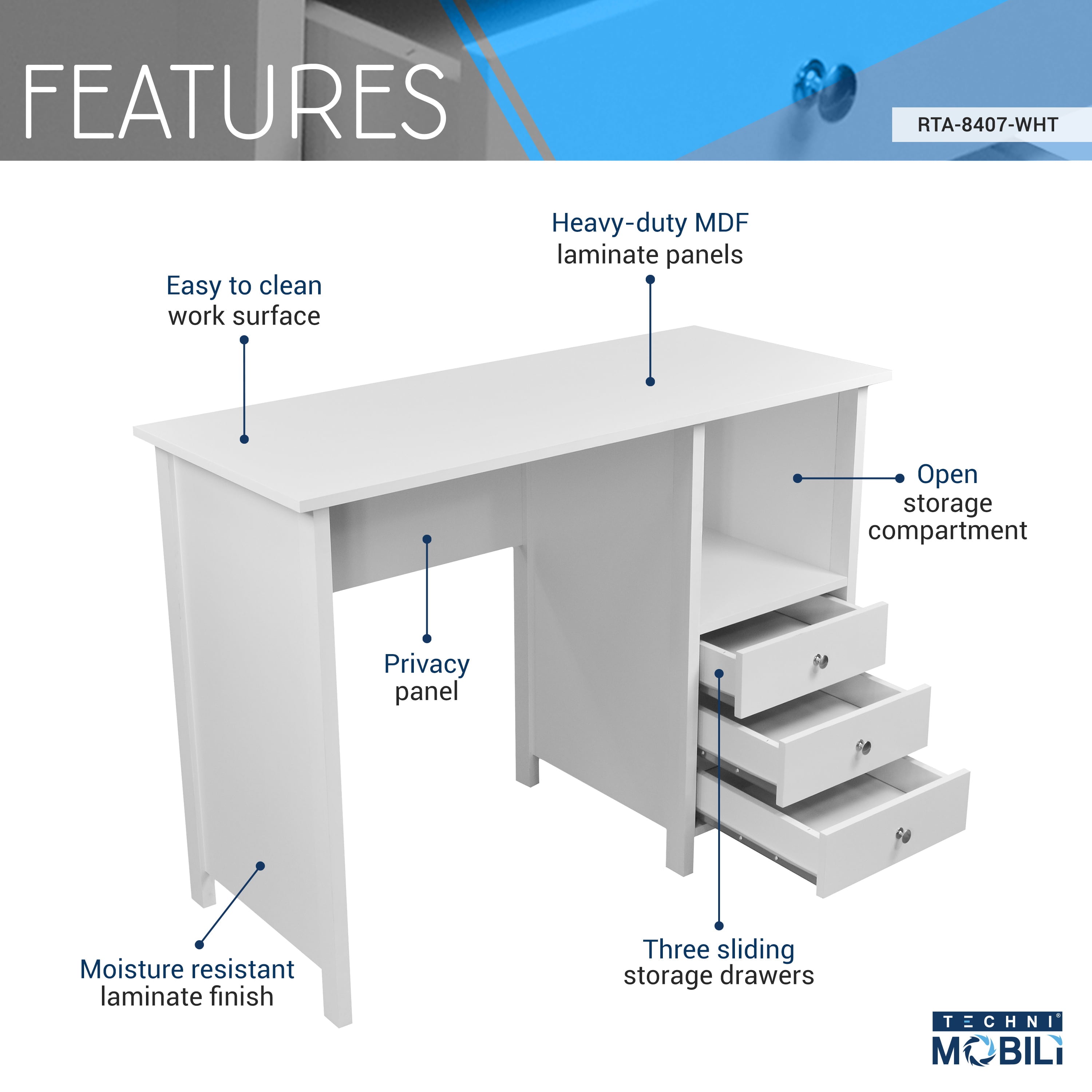 Techni Mobili Contemporary Desk with 3 Storage Drawers, White