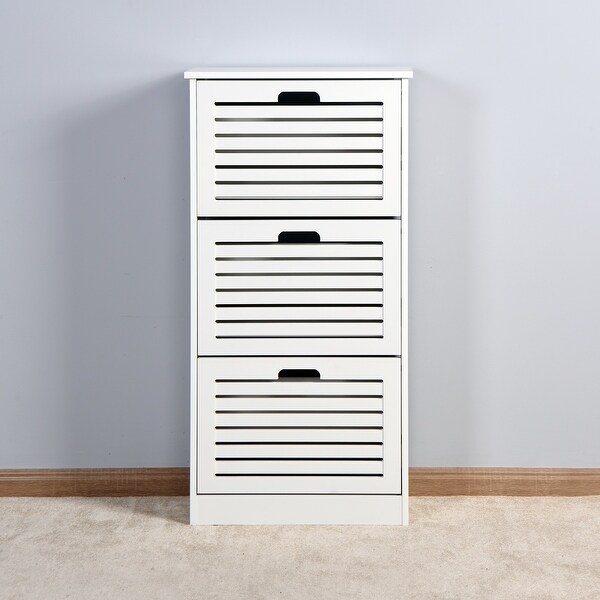 White Wooden Shoe Cabinet with 3 Flip Doors - - 35239057