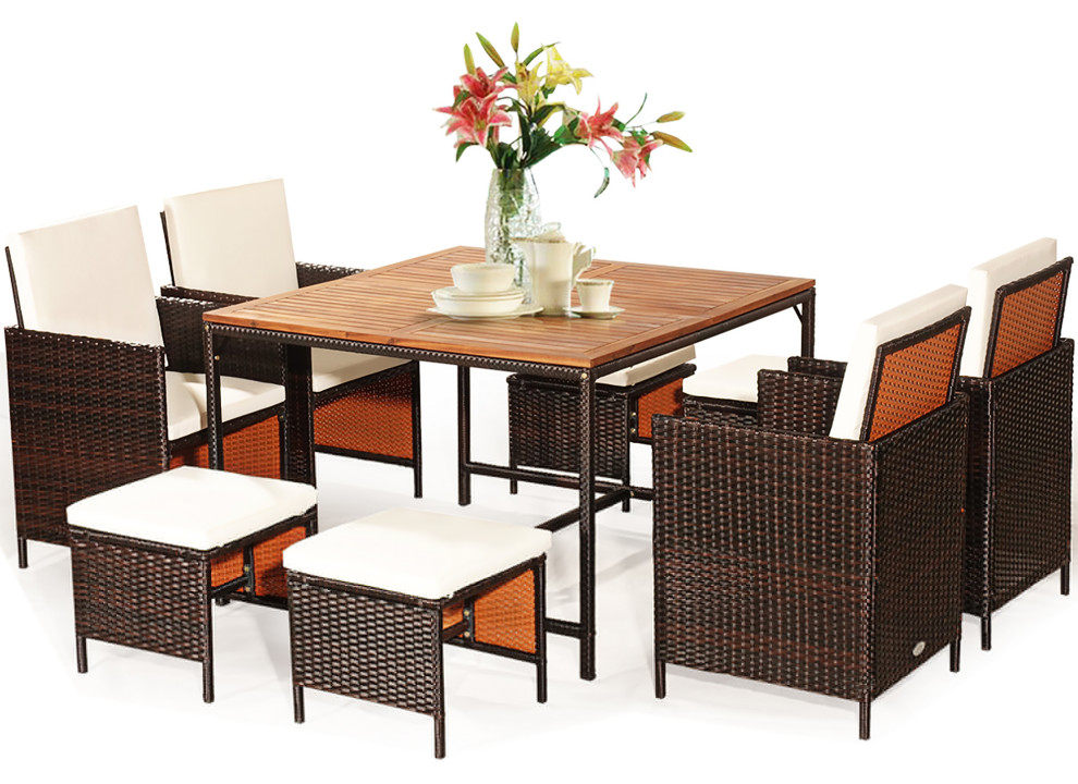 Costway 11 PCS Outdoor Patio Dining Set Metal Rattan Wicker Furniture Cushioned   Tropical   Outdoor Dining Sets   by Costway INC.  Houzz