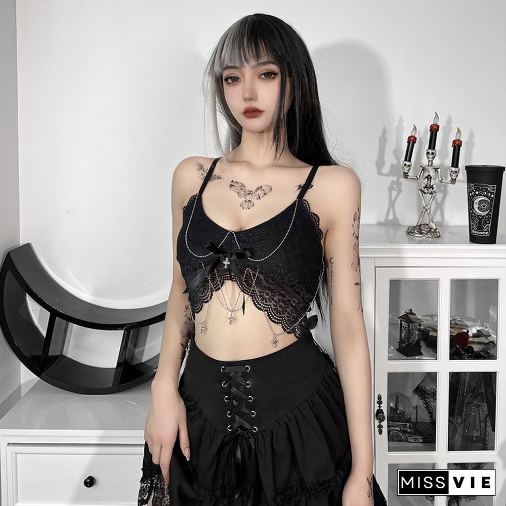 Lace Crop Top Summer Gothic Women V Neck Camisole With Bow Punk Style T Shirts Vest Dark Academia Clothes Streetwear