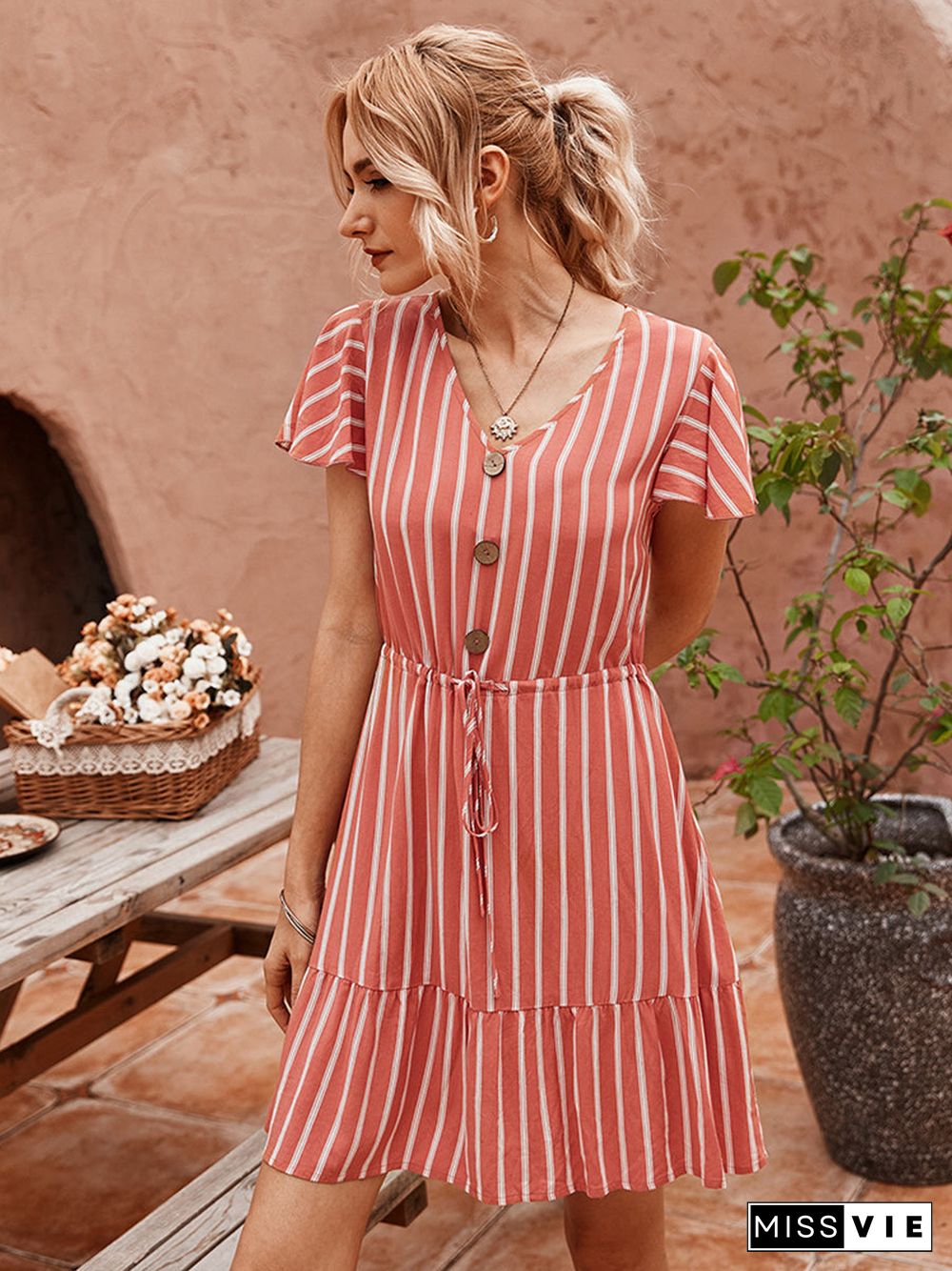 Short Sleeve Striped Short Dress