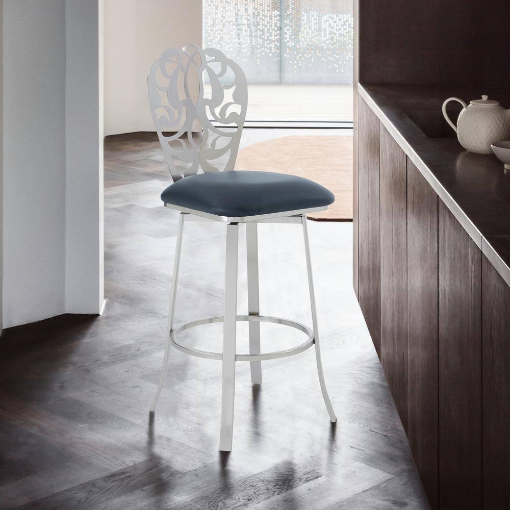 Armen Living Aletris Contemporary 30 in. Bar Height in Brushed Stainless Steel Finish and Grey Faux Leather Bar Stool 721535737635