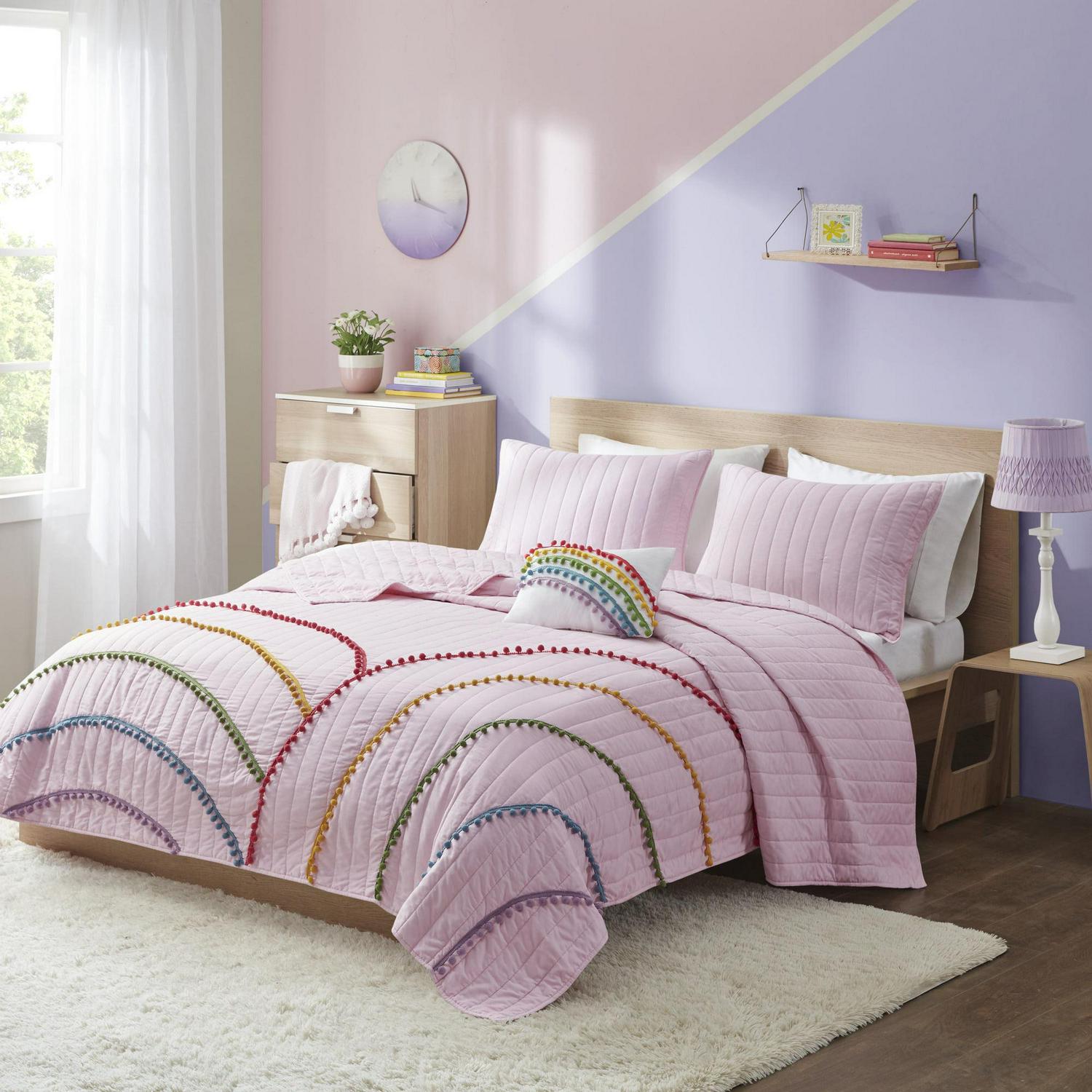 Home Essence Leah Pink Rainbow Cotton Filled Quilted 4 Piece Coverlet Set Full