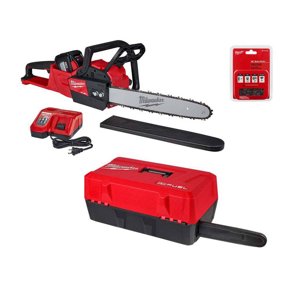 MW M18 FUEL 16 in. 18-Volt Lithium-Ion Battery Brushless Cordless Chainsaw Kit w12.0 Ah Battery Charger Case Chain 2727-21HD-49-16-2747-49-16-2715