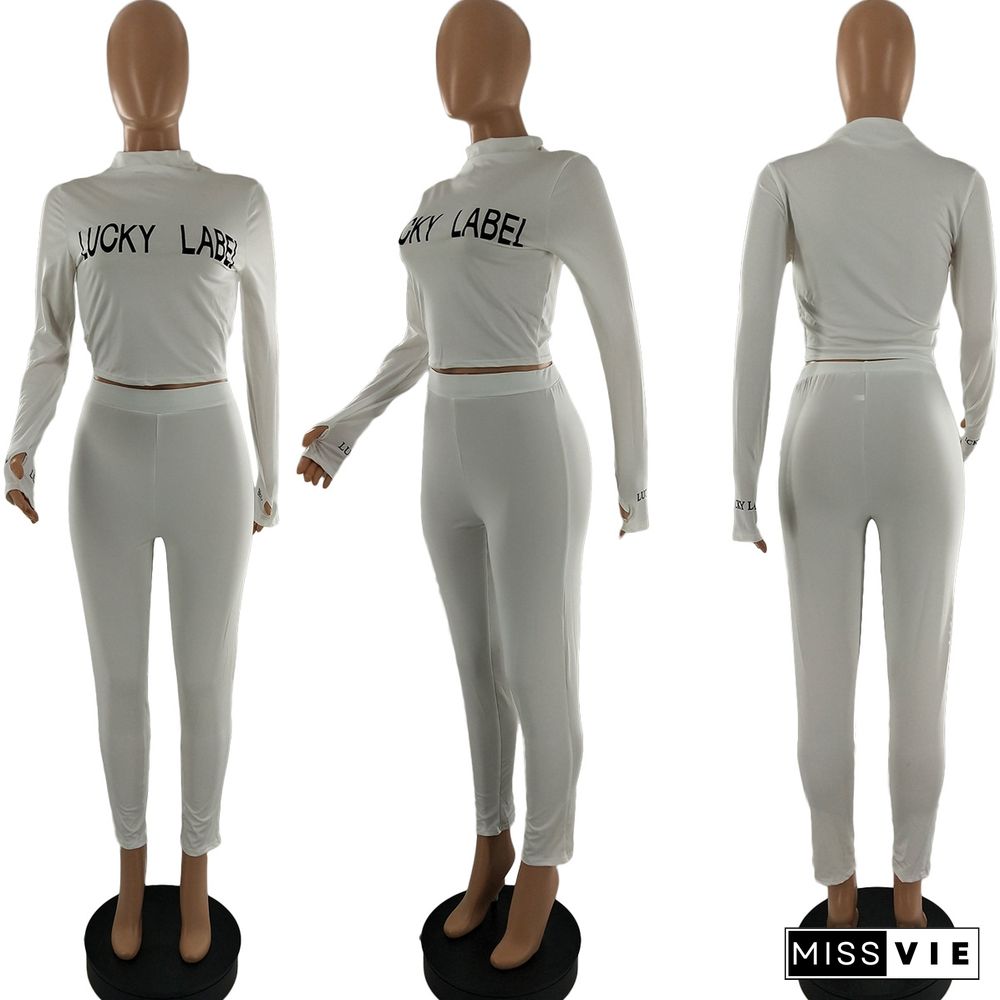 Lettered Long Sleeve Breathable Skinny Pants Two-piece Set