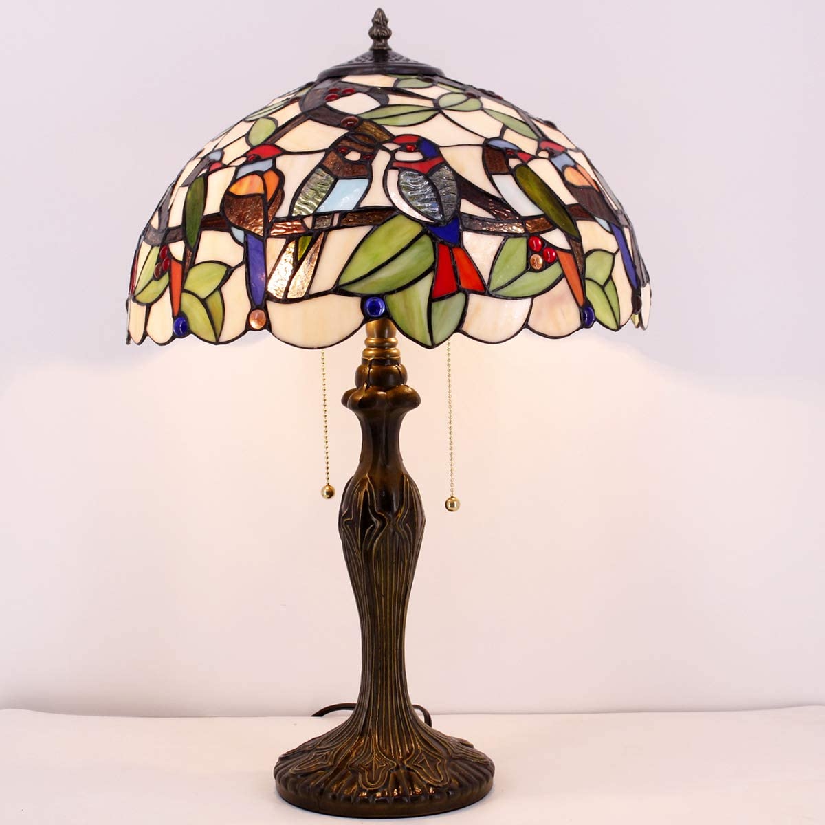  Table Lamp Colorful Stained Glass Birds Bedside Lamp 16X16X24 Inches Desk Reading Light Metal Base Decor Bedroom Living Room Home Office S805 Series