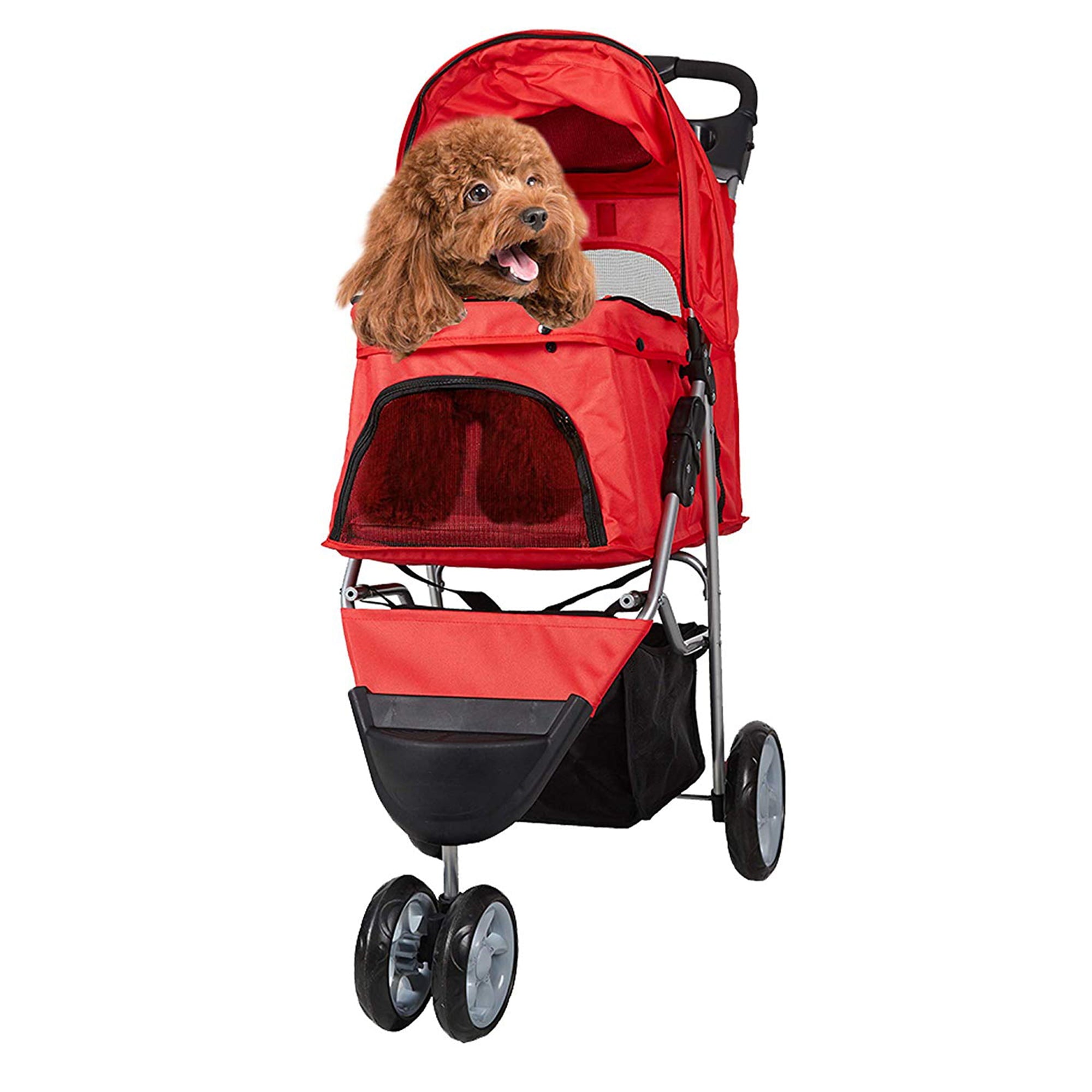 Karmas Product Folding Dog Stroller Cage Portable Travel Carrier with 3 Wheels ， red